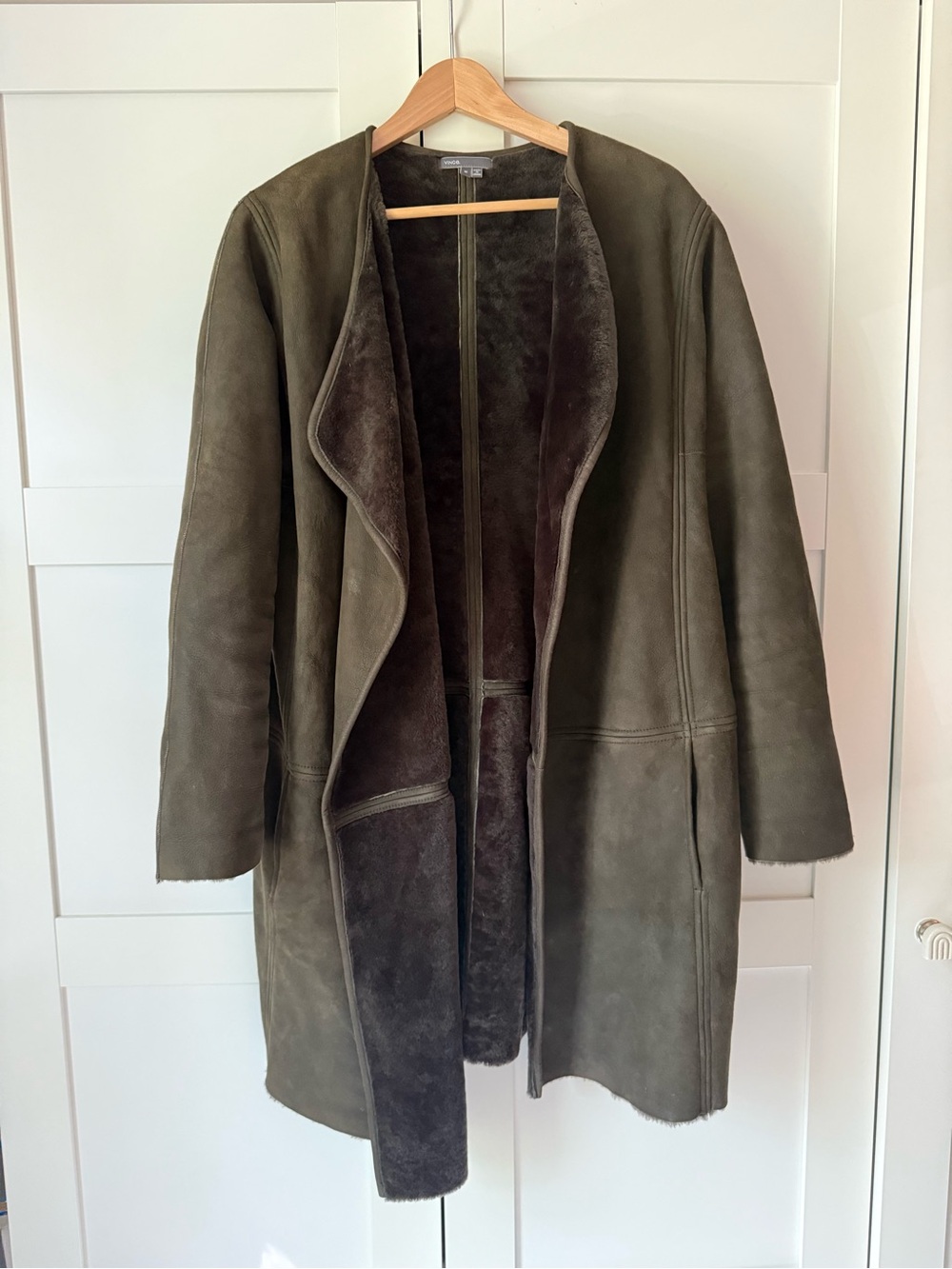 Vince Olive Green Shearling Open-Front Coat